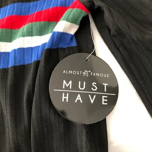 Crave fame New Striped Rib Knit Top 3/4 Sleeve Crewneck Tee Black Multi Juniors