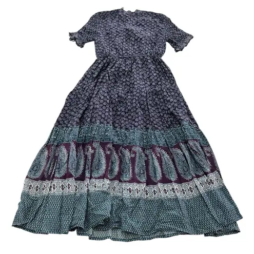 Eshakti Dress Womens 2 Purple Blue Paisley Boho Maxi Indian Rayon Cotton Pockets