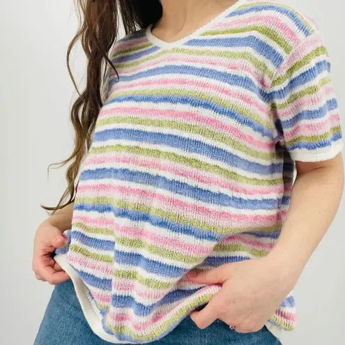 vtg cottagecore dainty scalloped pastel striped knit sweater ramie cotton top Pink Size XL