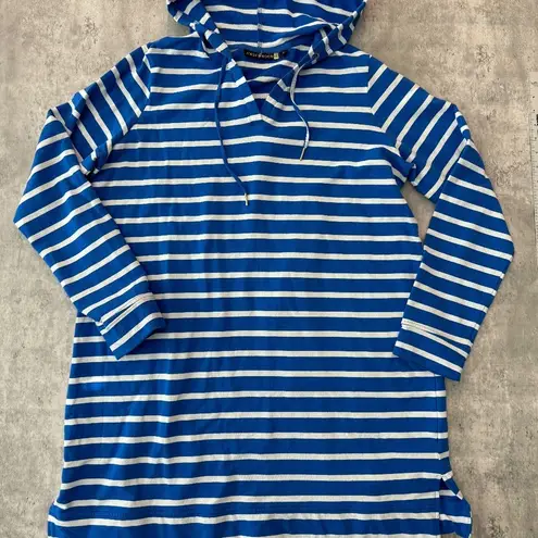 Long beachy casual hoodie striped sweatshirt with pockets lagenlook blue L Size L