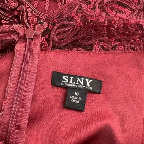 Slny sleeveless maroon red embroidered sequined lace gown size 16