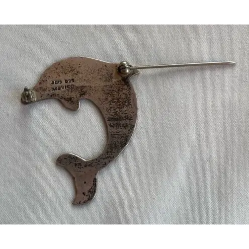 EFS Mexican Silver Dolphin Pin, Dolphin Small Heart Pin, Sterling Silver Sz 1.5”