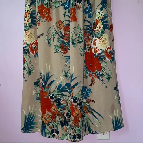 Filly Flair Size L Maxi Dress Tan Tropical Floral Ruffle Tiered Open Back