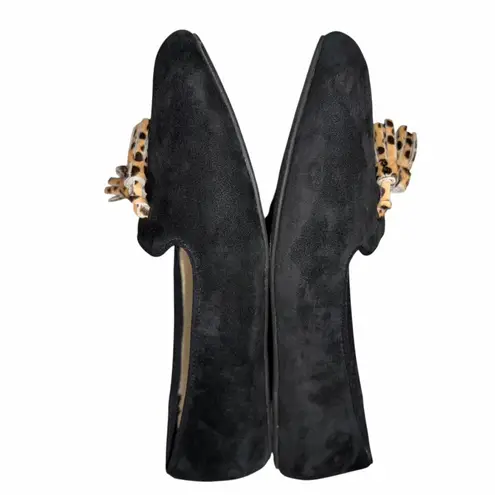 Birdies The Blackbird Black Suede Sherpa Lined Cheetah Tassel Loafers size 6.5