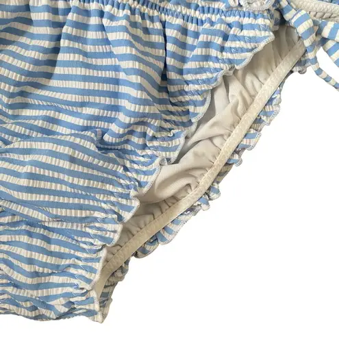 H&M NEW  Low Rise Scrunched Butt Bikini Bottoms 2 Blue White Stripe Ruffle Trim