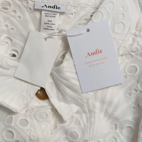 ANDIE NWT The Baltra Button Up White Eyelet Scalloped Hem Collared Shirt XL
