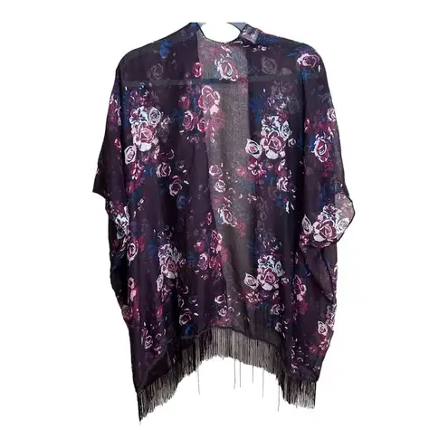Floral Kimono Top Fringe Hem Womens One Size Lightweight Duster Long Multicolor