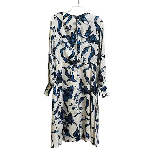 Dorothee Schumacher White Blue Floral Print Long Sleeve Silk Midi Dress Size 2