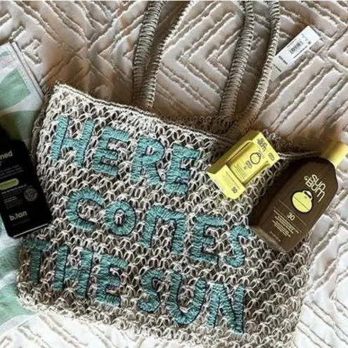 Here Comes The Sun Jute Woven Beach Tote Blue