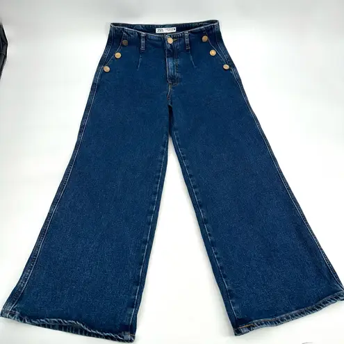 ZARA  Jeans Womens USA 6 Wide Leg High Waist Crop Blue Denim Gold Accent Buttons 