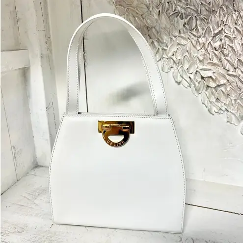 CELINE Gancini Leather Crossbody Shoulder Handbag White with Dust Bag