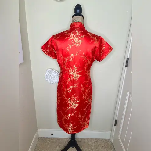 NTM: Vintage Golden Dragon Silk Red & Gold Floral Cheongsam Quito Dress Sz L