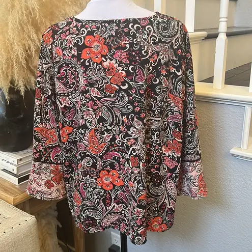 J. Jill Top Navy Blue Orange Paisley Floral Flare Sleeve V Neck Top Size Large