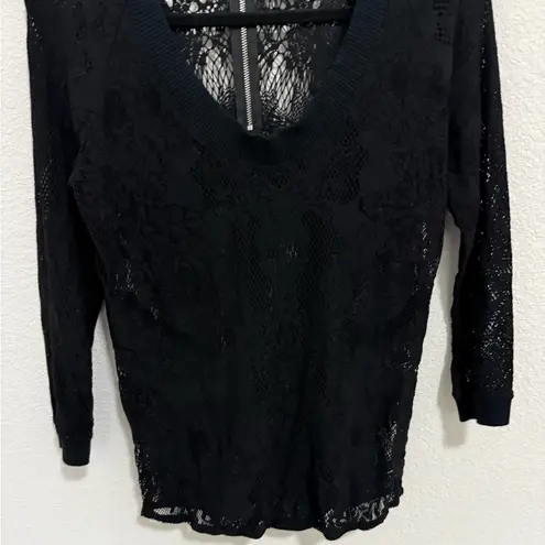 The Kooples Stretch Black Lace Sheer Scoop Neck 3/4 Sleeve Top Size S Small