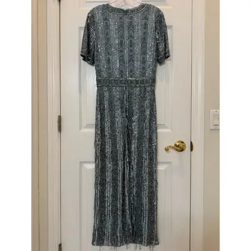 Mac Duggal NWT 5980 Blue High Neck Short Sleeve Crystal Fringe Sheath Dress Sz 8