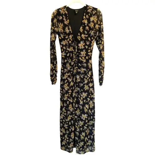AFRM Tezza Black & Yellow Floral Ruched Mesh Midi Long Sleeves Dress Womens XS