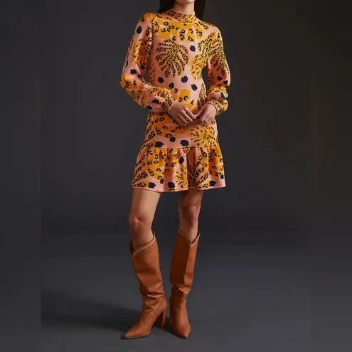 Farm Rio NWT Palms Mock Neck Sweater Long Sleeve Mini Dress in Pink & Leopard