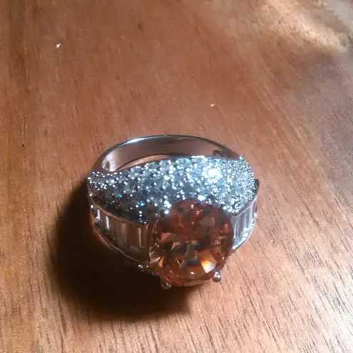 Simulated Champagne Color and White Diamond Brass Ring (Size 7)