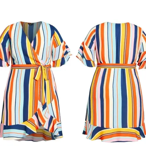 City Chic Wrap Dress Ruffle Sleeve Belted Pink Multi Stripe Women’s Plus Size 24