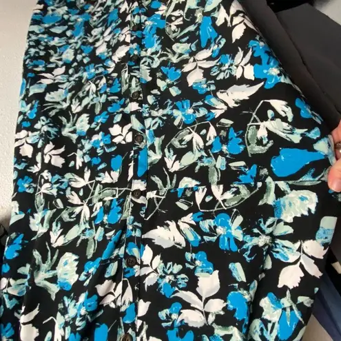 Ophelia Roe Size 1X Midi Dress Dark Floral Button Front Puff Sleeves Blue Black