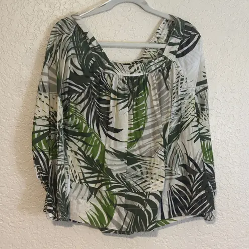 Elie Tahari Tropical Palm Leaf Print Square Neck Blouse Top M bohemian