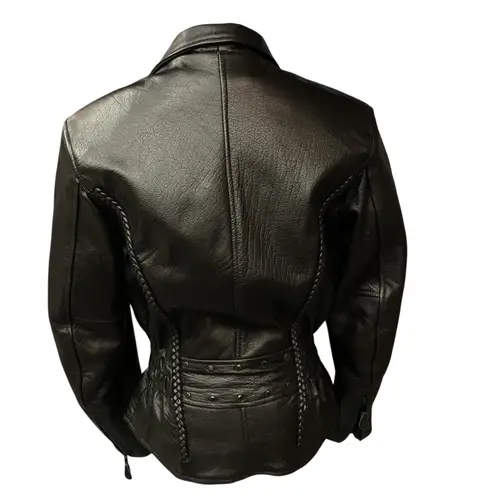 Leather King Braided Detail Sexy Fitted Black Leather Motorcycle Jacket Size S