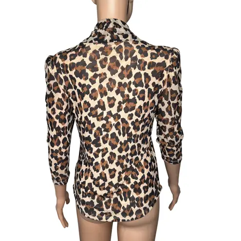 Tahari Leopard Print Mock Neck Puff Sleeve Mesh Top Women S P