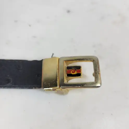 Vintage Mens Belt 36/90 Black Genuine Leather Ostrich Gold Box Frame Buckle