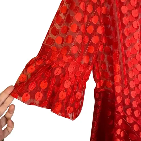 DAMEE Red Polka Dot Sheer Mesh Peplum Button Front Jacket Gray Size XL Korea