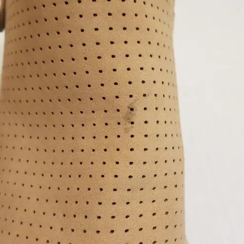 Bella Marie Block Heel Tan Peek Toe Ankle Boot Zip Up Buckle Bikers Stack 8.5