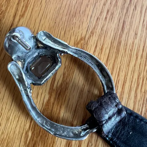 Wide Brown Leather Belt Silver Hook Topaz Smokey Quartz Boho Statement Belt 39"