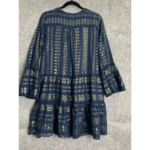 Elan Navy Gold Babydoll Dress S Bell Sleeve Boho India Flawed But Fabulous