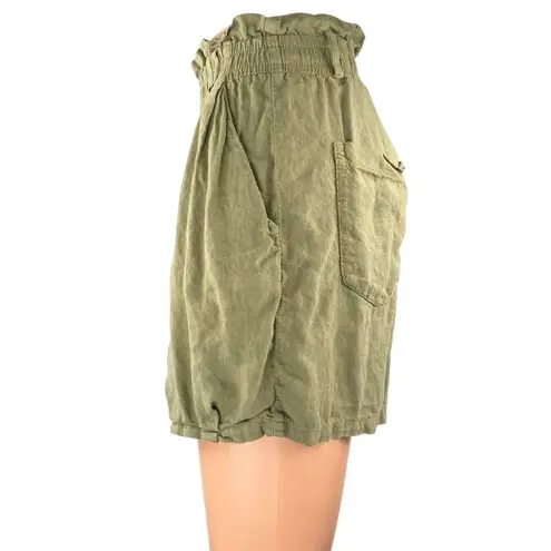 ZARA  Women's Green Linen Pleated Pockets High Waisted Casual Paperbag Shorts XS
