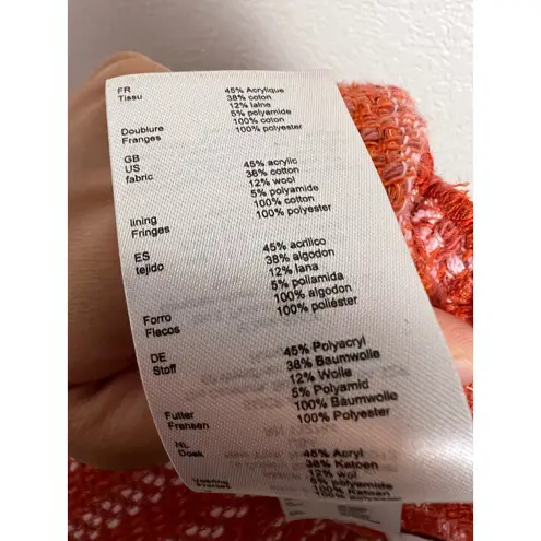 Maje Coral Pink Orange Wool Tweed Short Sleeve Smocked Mini Cocktail Dress 2 New