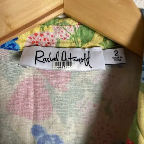 Rachel Antonoff Kitty Strawberry Fruit Print Sleeveless Collared Linen Romper 2 Yellow