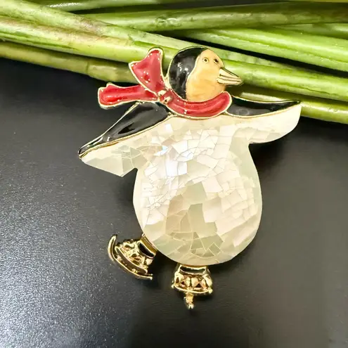 Vintage Unsigned Enameled Penguin Ice Skating Mosaic MOP Belly Brooch 23g. Red