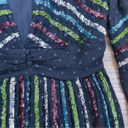 Rococo Sand • Sequin Striped Gown black chiffon rainbow swiss dot balloon sleeve Size XS