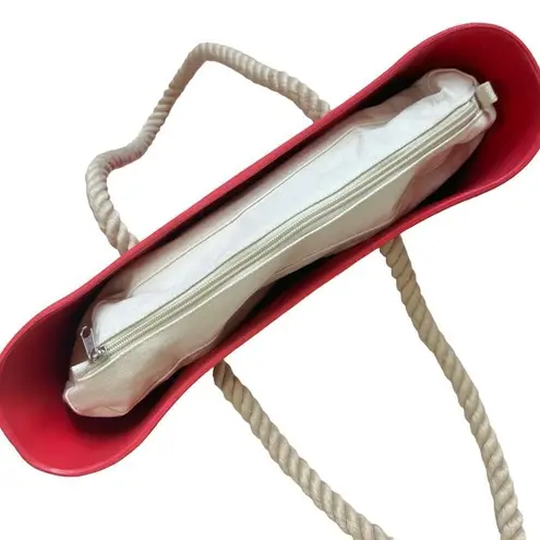 Beach Tote Red Rubber Canvas Lined Tote bag with braided rope handle