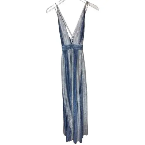 Luxxel  Plunging Halter V-Neck Striped Sparkly Maxi Dress in Silver/Blue