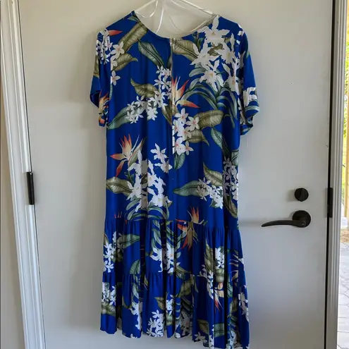 Aloha hut Hawaiian print tiered dress tropical floral Hawaii plumeria Blue Size XL