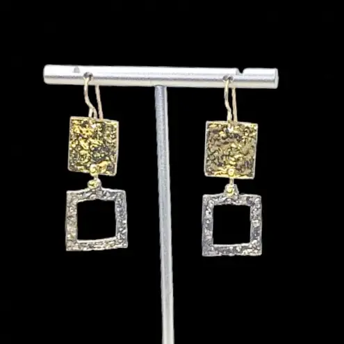 HAMMERED Two Tone Square Earrings and Bracelet Set Gold
