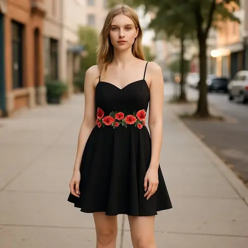 Roz & Ali Black Sleeveless Dress With Red Rose Embroidery At Waistline