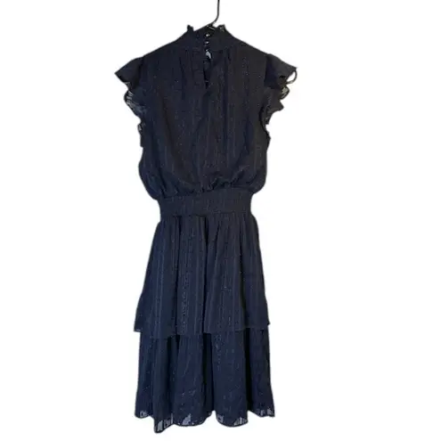 BCX Dress Navy Blue Metallic Mock Neck Flutter Short Sleeve Dress Women Sz XS