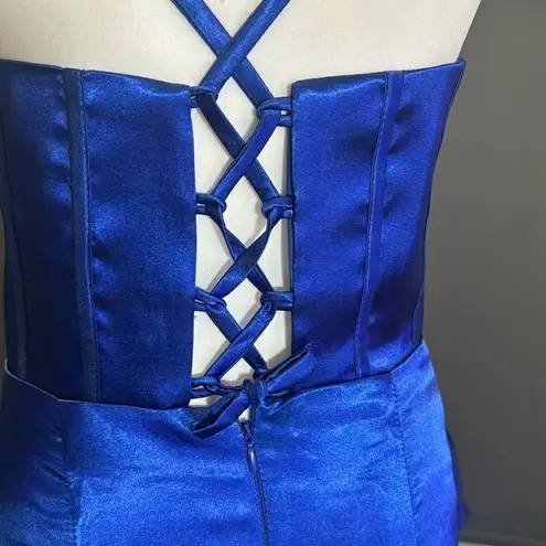 Women’s Blue Full Length Prom Dress CrissCross Straps Leg Slit Size 6 *READ