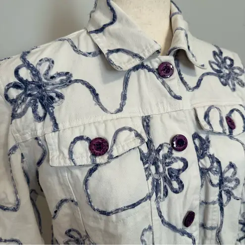 Y2K Karen Hart White and Blue Floral Embroidered Jacket 100% Cotton Size S