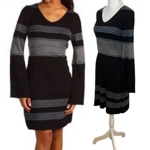 prAna Sweater Dress Sydney Long Bell Sleeve Stripe Knit V-neck Black Gray Medium