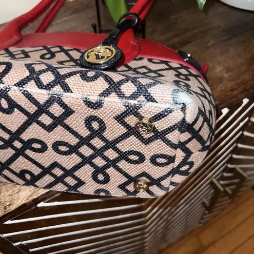 Spartina 449 Linen & Leather Handbag, Geometric Print East West Black Red & Tan