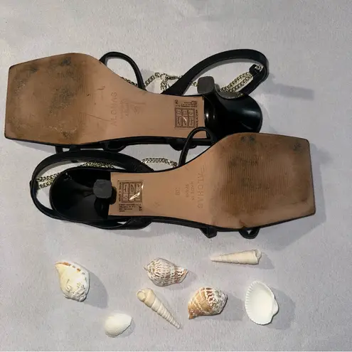 ALOHAS • Leather Straps Chain Black Square Toes Heels Summer Spain Sz 39 Size 8