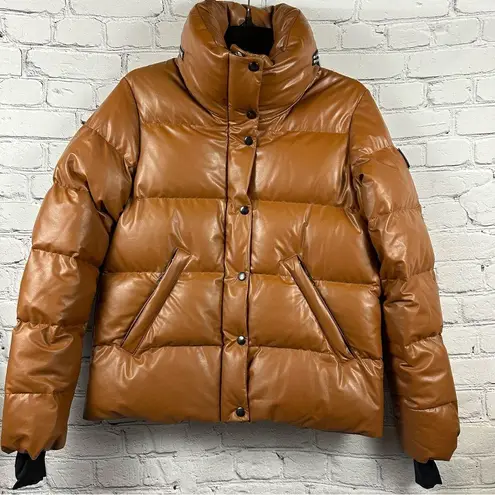 SAM. Isabel Vegan Down Puffer Jacket Faux Leather Stowaway Hood Saddle Brown S