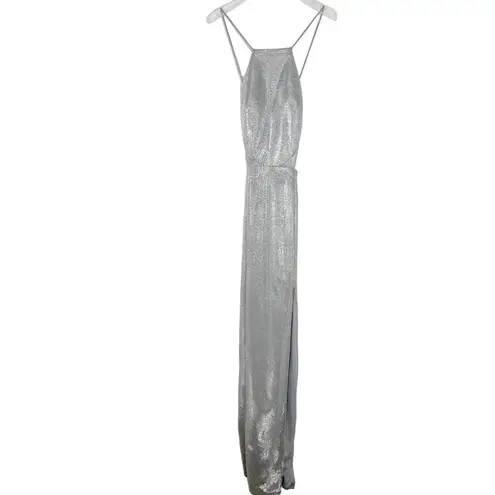 Y2k Metallic Silver Prom Dress Gown Halter Dress Cut Out